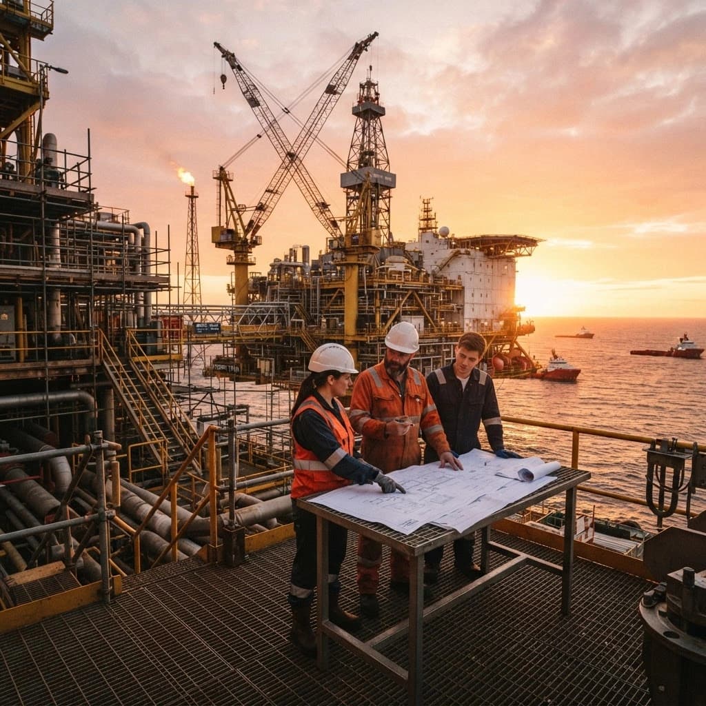 MODEC offshore engineering team on a platform at sunset