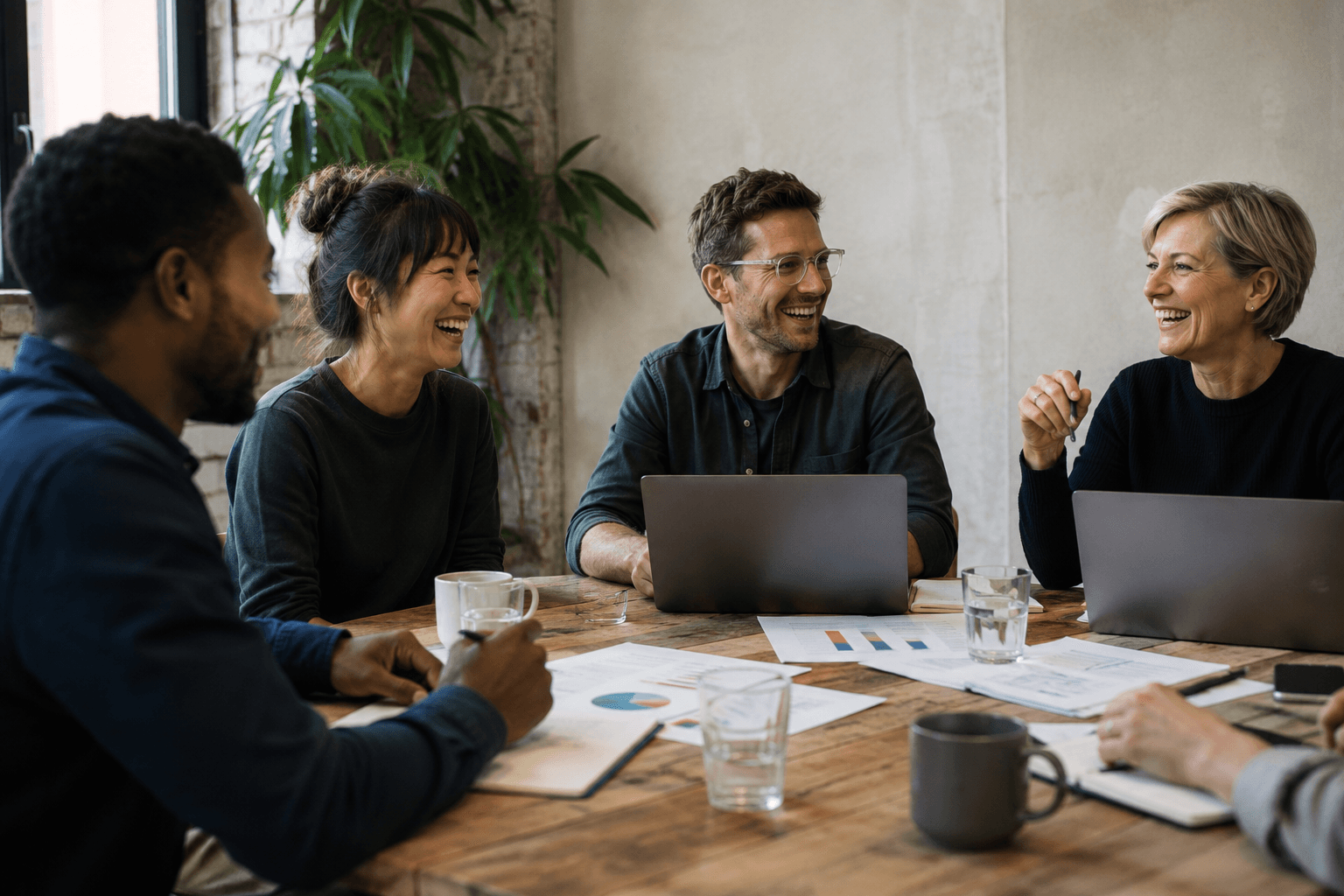 Finance team collaborating around a table