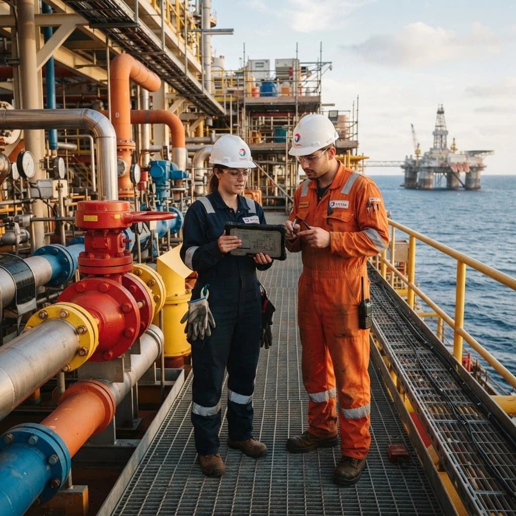 Commissioning engineers reviewing systems on an FPSO topside deck