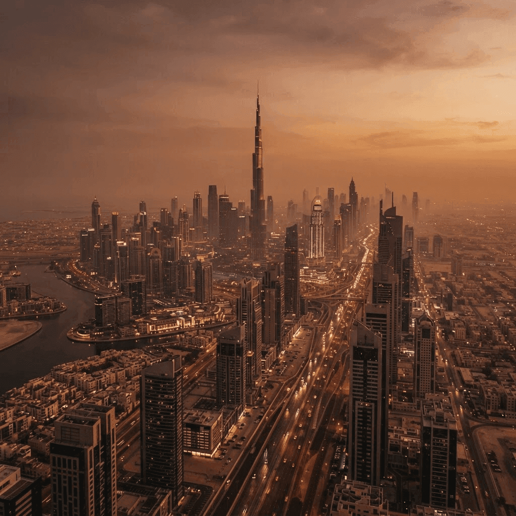Aerial view of the Dubai skyline with the Burj Khalifa at golden hour