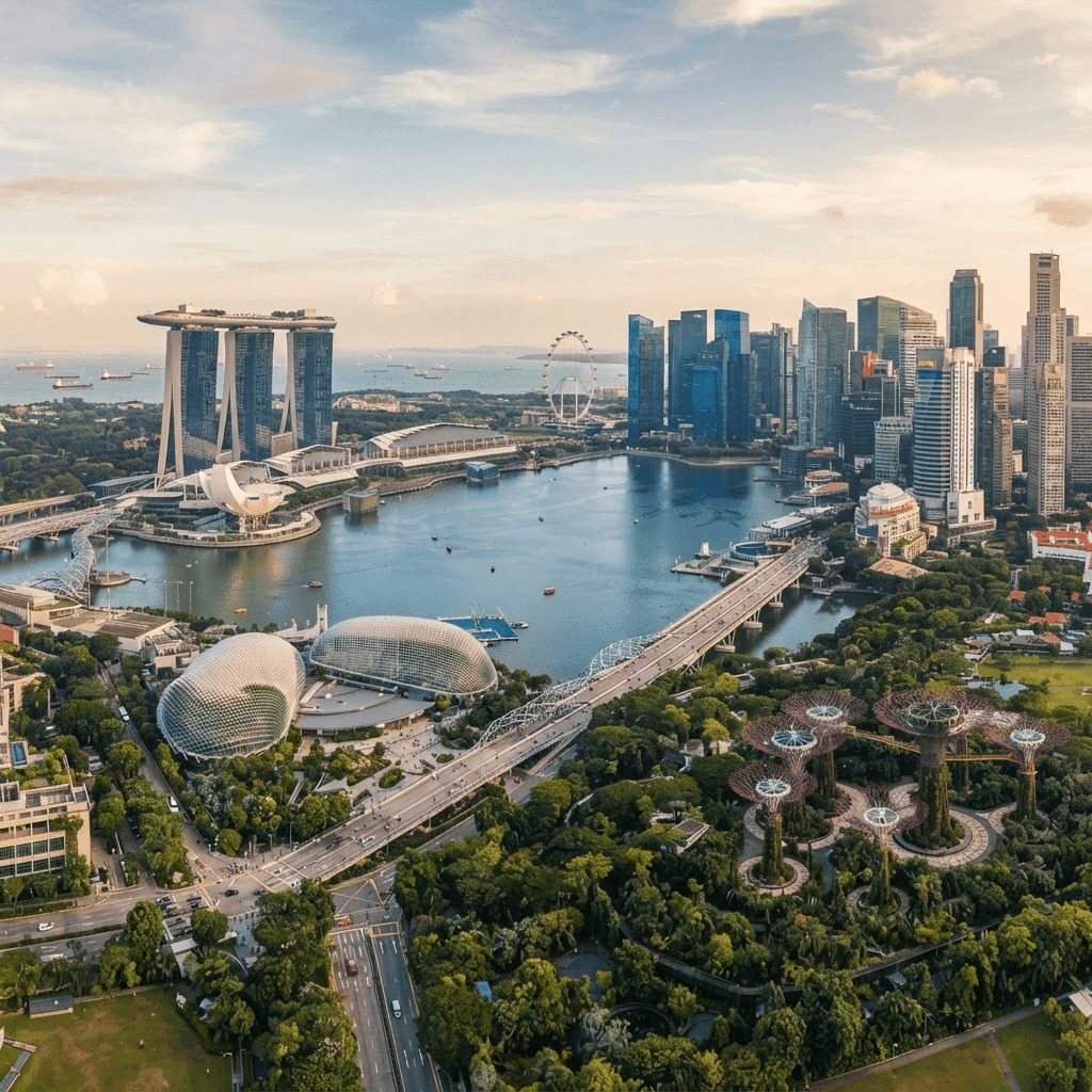 Aerial view of the Singapore skyline and Marina Bay waterfront